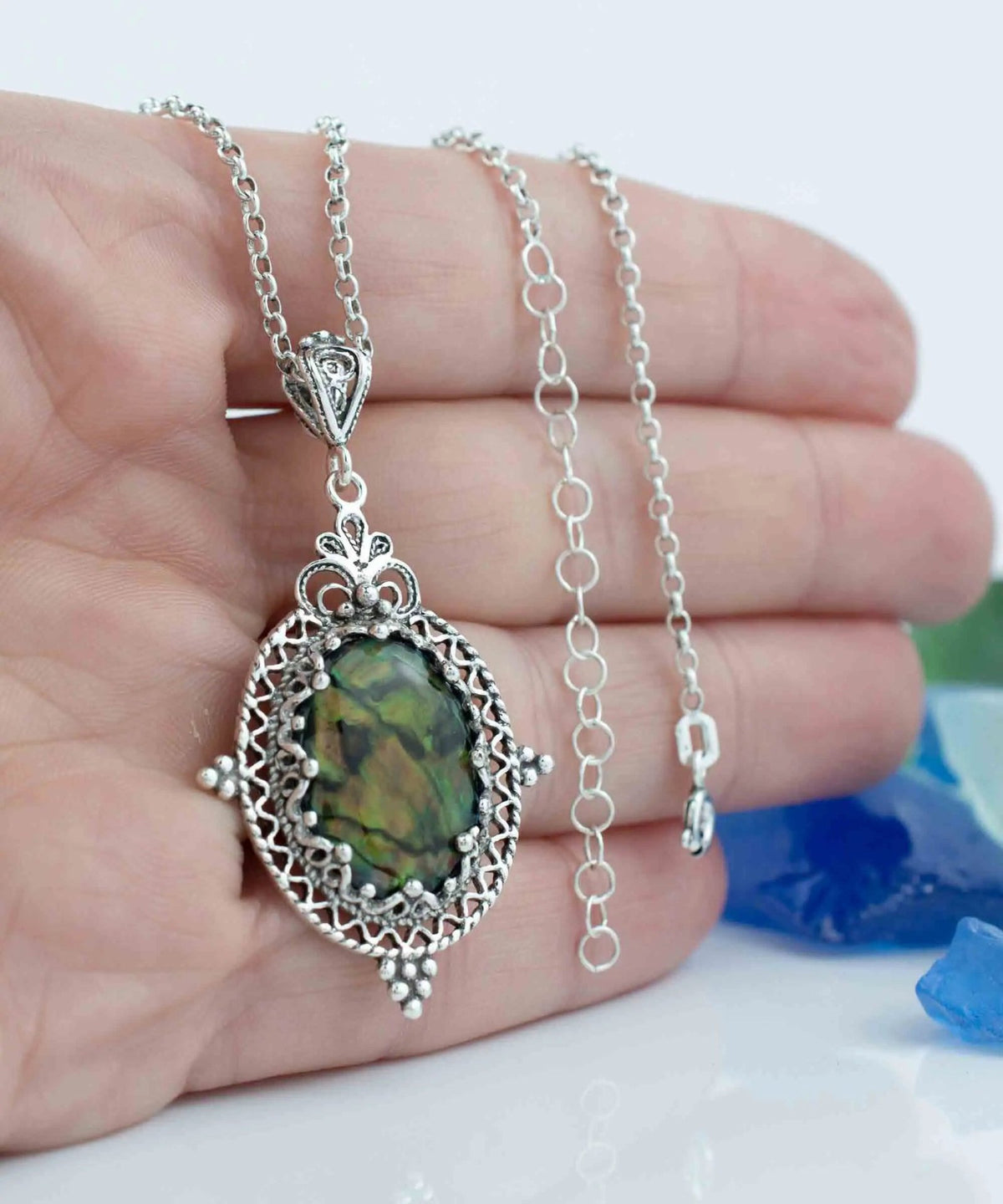 Filigree Art Green Abalone Gemstone Women Silver Oval Pendant Necklace - Drakoi Marketplace