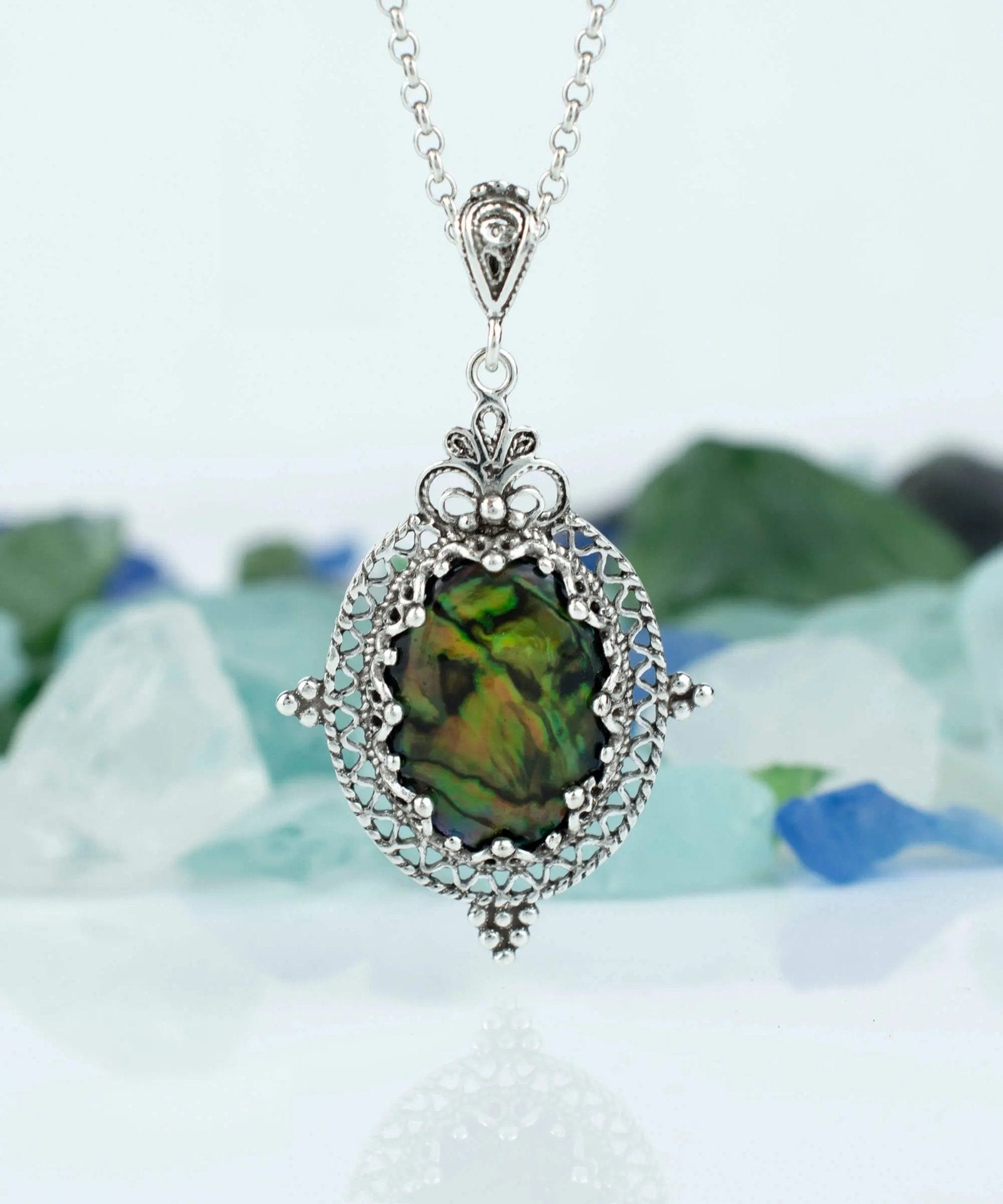 Filigree Art Green Abalone Gemstone Women Silver Oval Pendant Necklace - Drakoi Marketplace