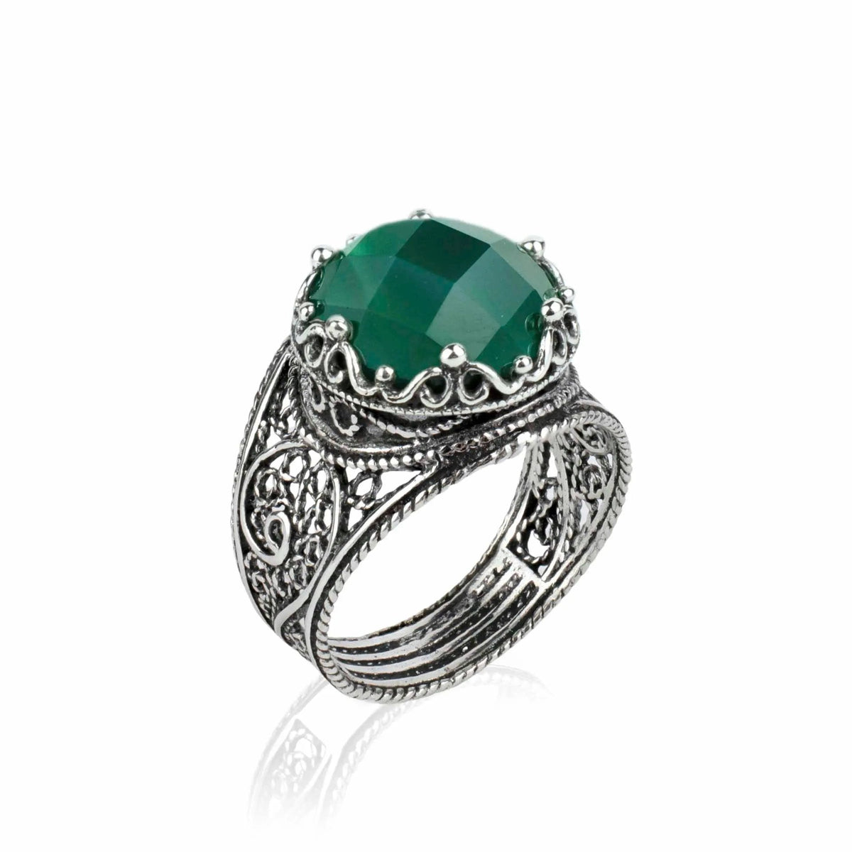 Filigree Art Green Agate Gemstone Crown Design Women Silver Cocktail Ring - Drakoi Marketplace