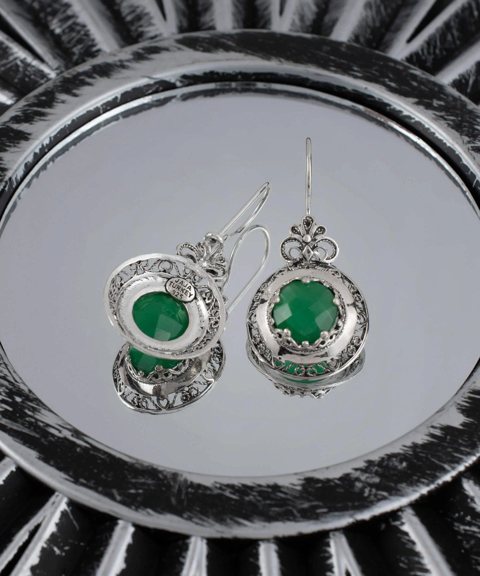 Filigree Art Green Agate Gemstone Floral Design Women Silver Drop Earrings - Drakoi Marketplace