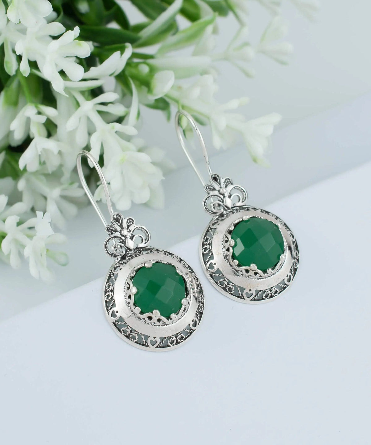 Filigree Art Green Agate Gemstone Floral Design Women Silver Drop Earrings - Drakoi Marketplace