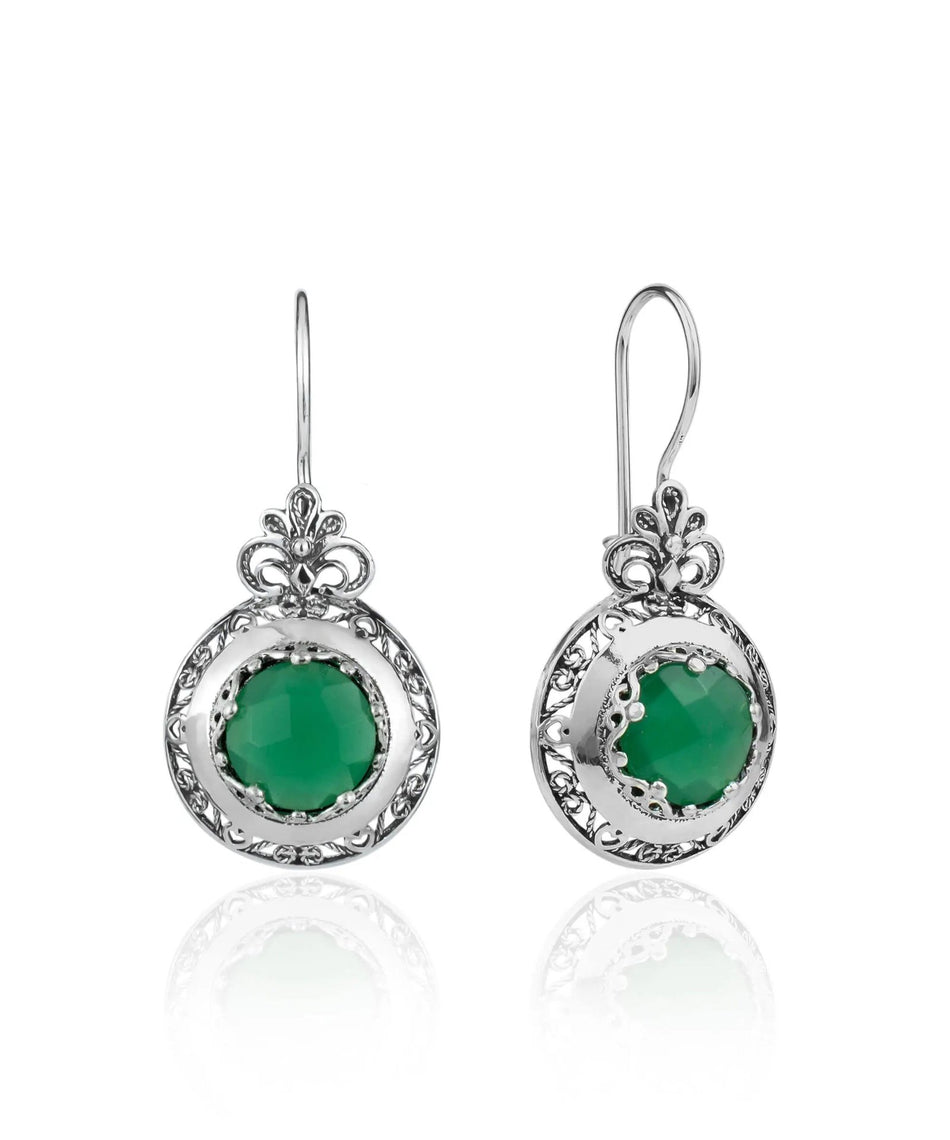 Filigree Art Green Agate Gemstone Floral Design Women Silver Drop Earrings - Drakoi Marketplace