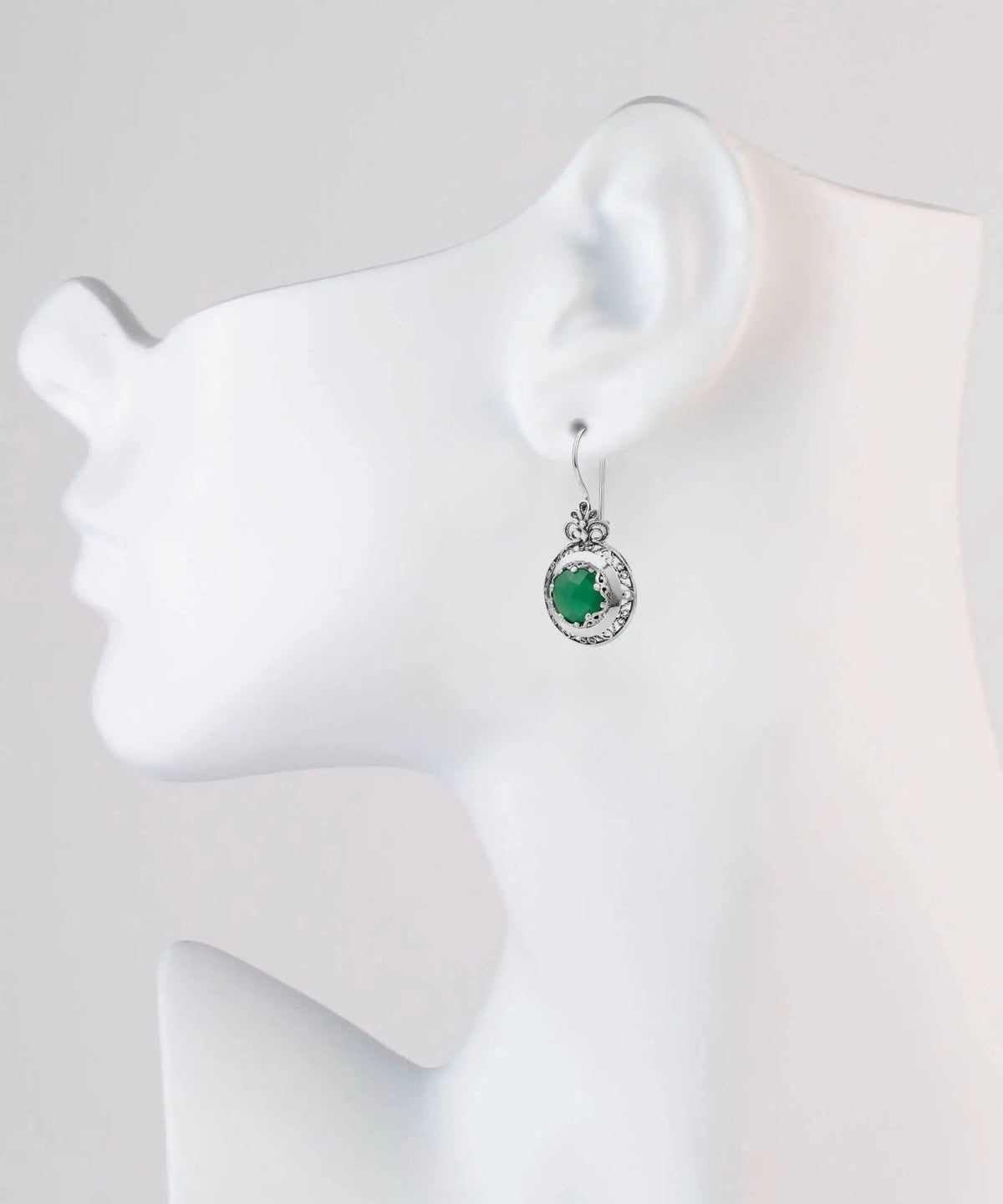 Filigree Art Green Agate Gemstone Floral Design Women Silver Drop Earrings - Drakoi Marketplace