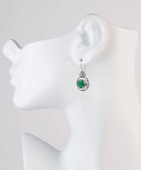 Filigree Art Green Agate Gemstone Floral Design Women Silver Drop Earrings - Drakoi Marketplace