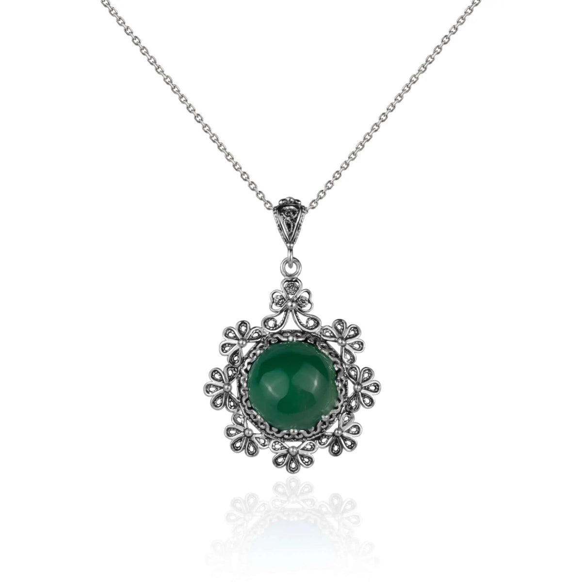 Filigree Art Green Agate Gemstone Floral Design Women Silver Pendant Necklace - Drakoi Marketplace