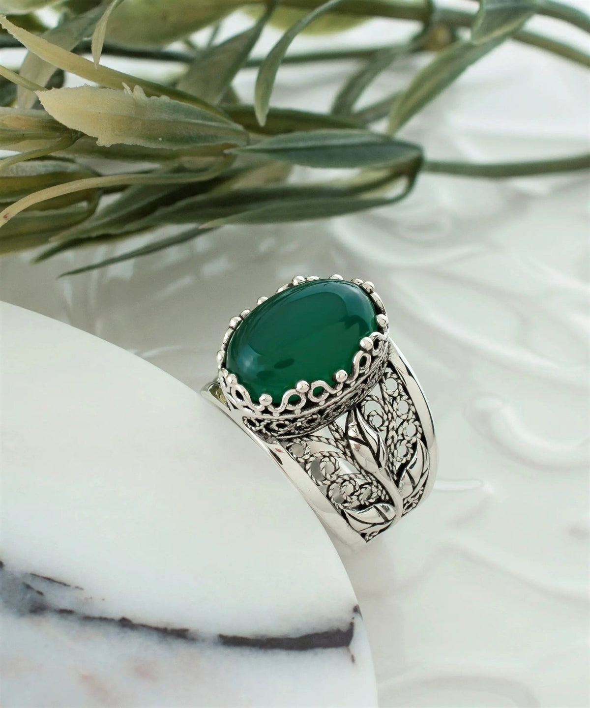 Filigree Art Green Agate Gemstone Tulip Detailed Silver Women Statement Ring - Drakoi Marketplace