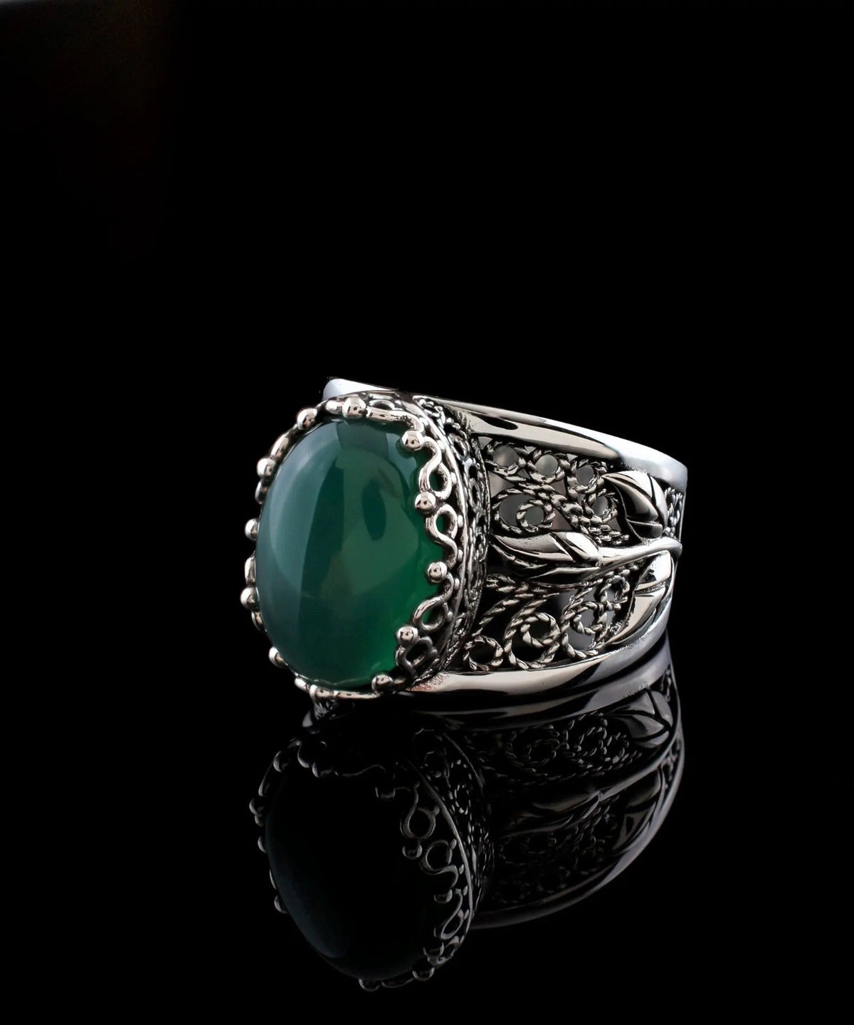 Filigree Art Green Agate Gemstone Tulip Detailed Silver Women Statement Ring - Drakoi Marketplace