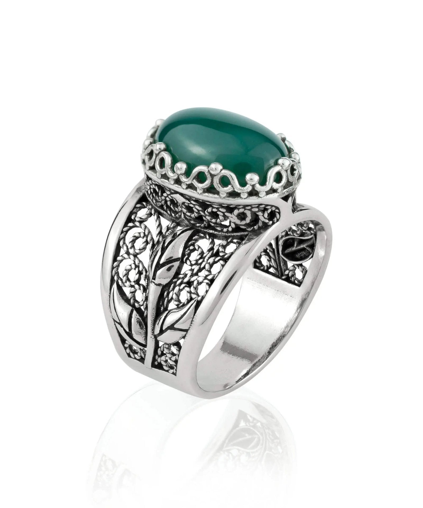 Filigree Art Green Agate Gemstone Tulip Detailed Silver Women Statement Ring - Drakoi Marketplace