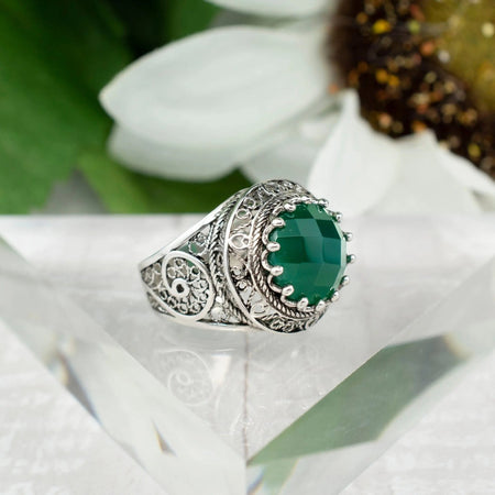 Filigree Art Green Agate Gemstone Woman Silver Statement Ring - Drakoi Marketplace