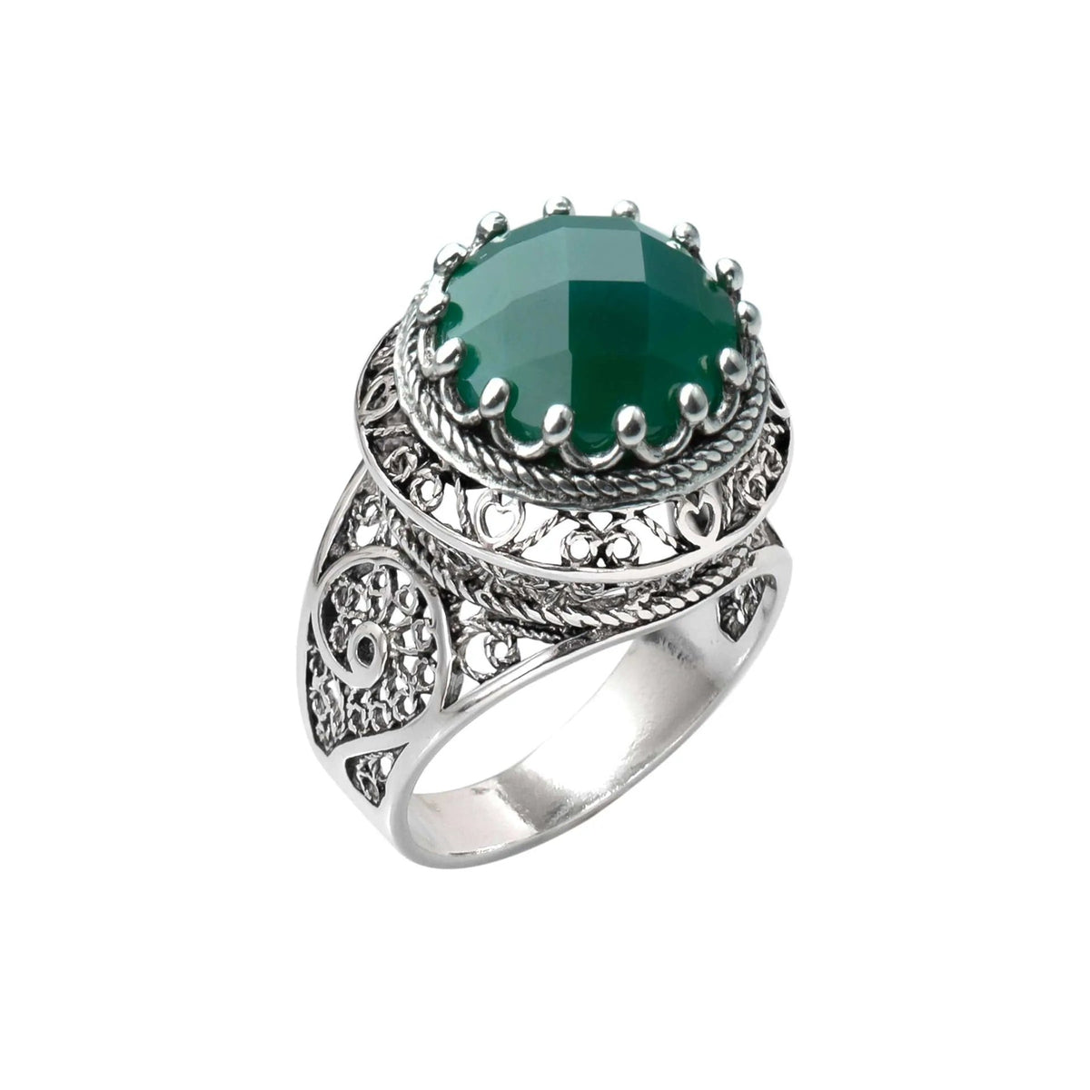 Filigree Art Green Agate Gemstone Woman Silver Statement Ring - Drakoi Marketplace