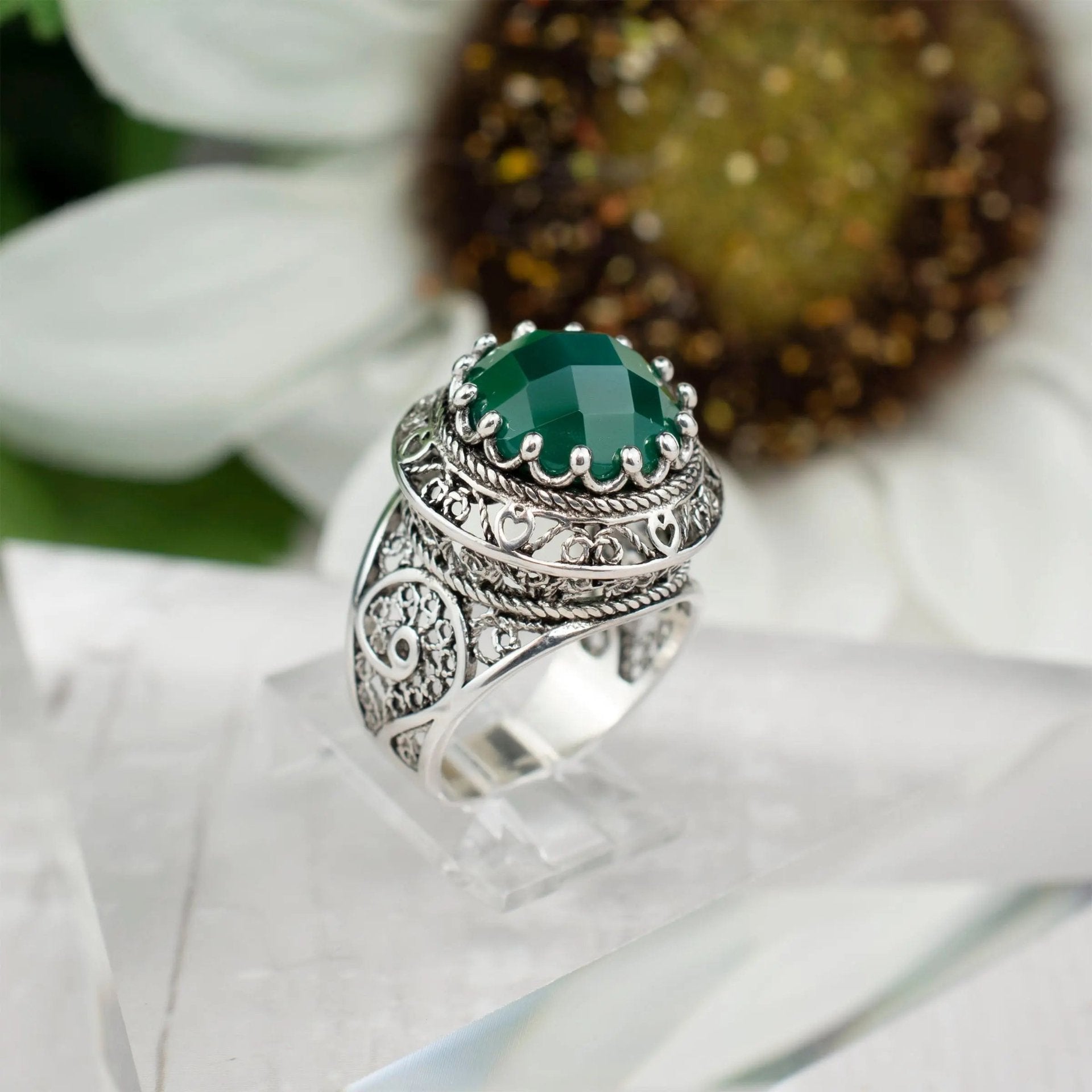 Filigree Art Green Agate Gemstone Woman Silver Statement Ring - Drakoi Marketplace