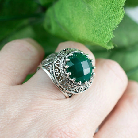 Filigree Art Green Agate Gemstone Woman Silver Statement Ring - Drakoi Marketplace