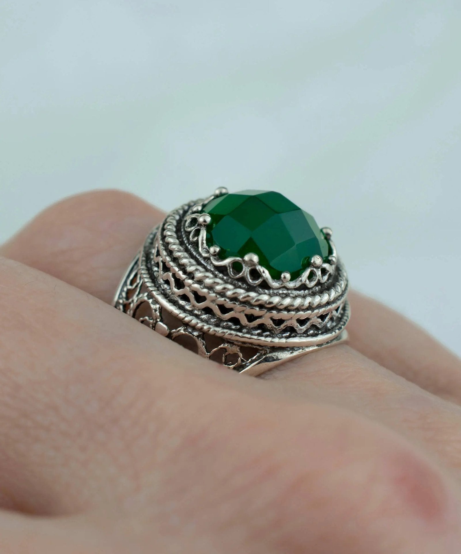 Filigree Art Green Agate Gemstone Women Silver Bold Ring - Drakoi Marketplace