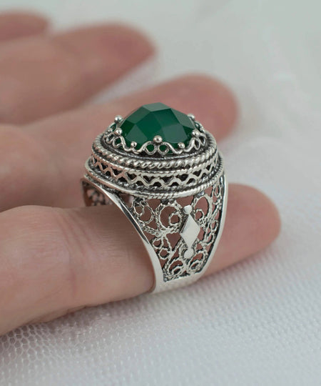 Filigree Art Green Agate Gemstone Women Silver Bold Ring - Drakoi Marketplace