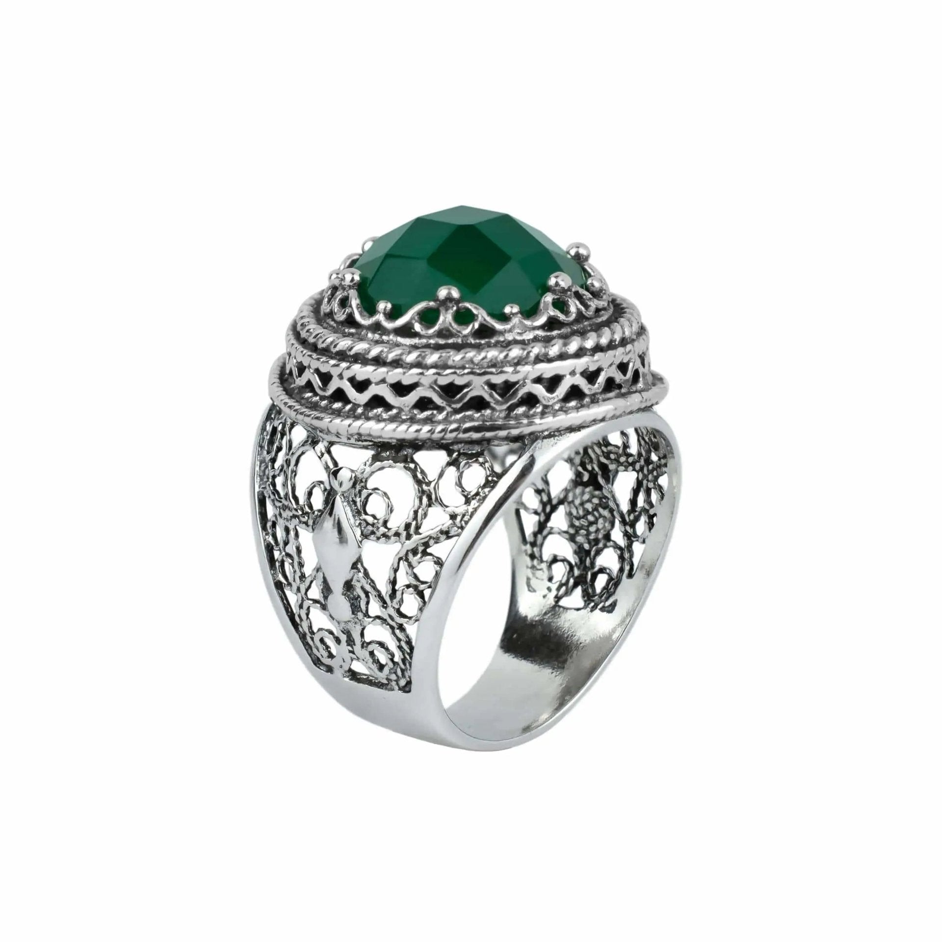 Filigree Art Green Agate Gemstone Women Silver Bold Ring - Drakoi Marketplace