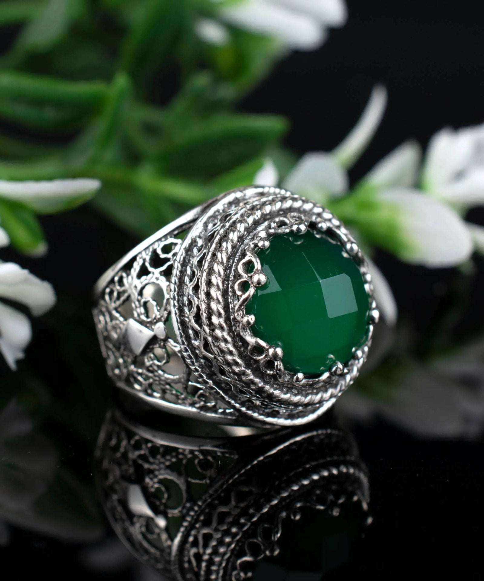 Filigree Art Green Agate Gemstone Women Silver Bold Ring - Drakoi Marketplace