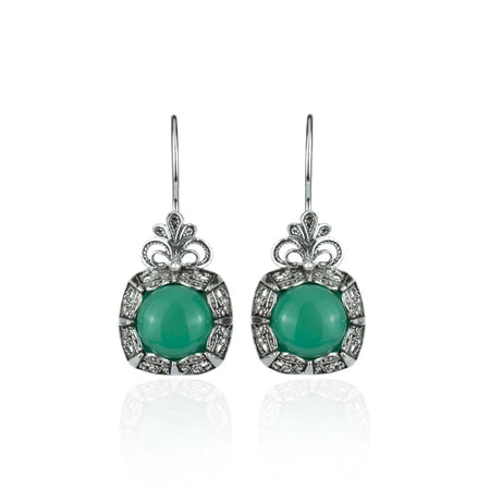 Filigree Art Green Agate Gemstone Women Silver Drop Earrings - Drakoi Marketplace