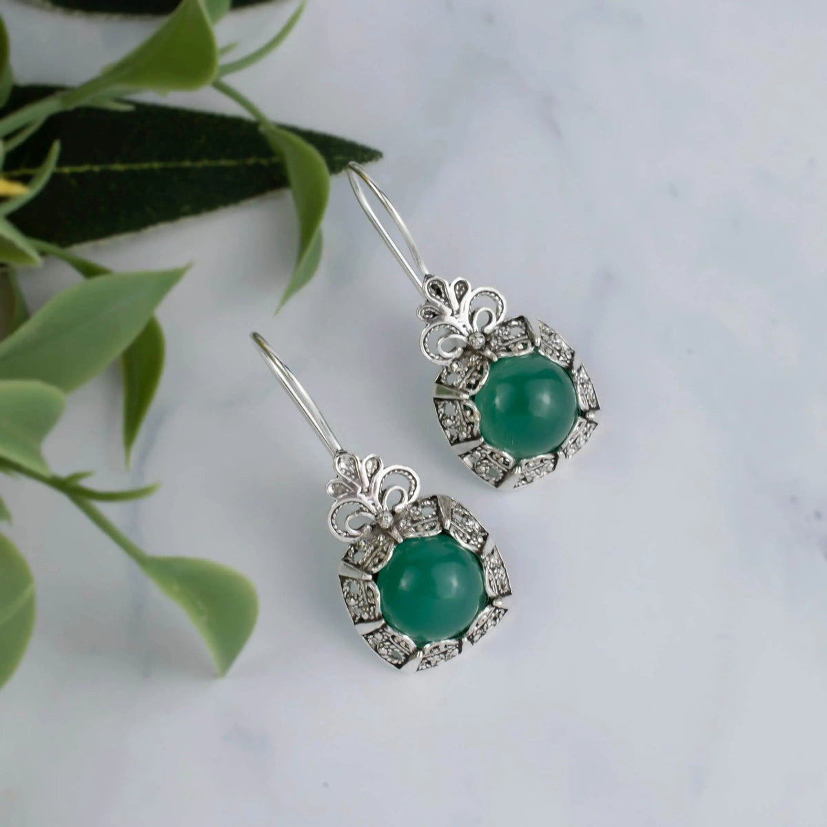 Filigree Art Green Agate Gemstone Women Silver Drop Earrings - Drakoi Marketplace