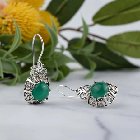 Filigree Art Green Agate Gemstone Women Silver Drop Earrings - Drakoi Marketplace