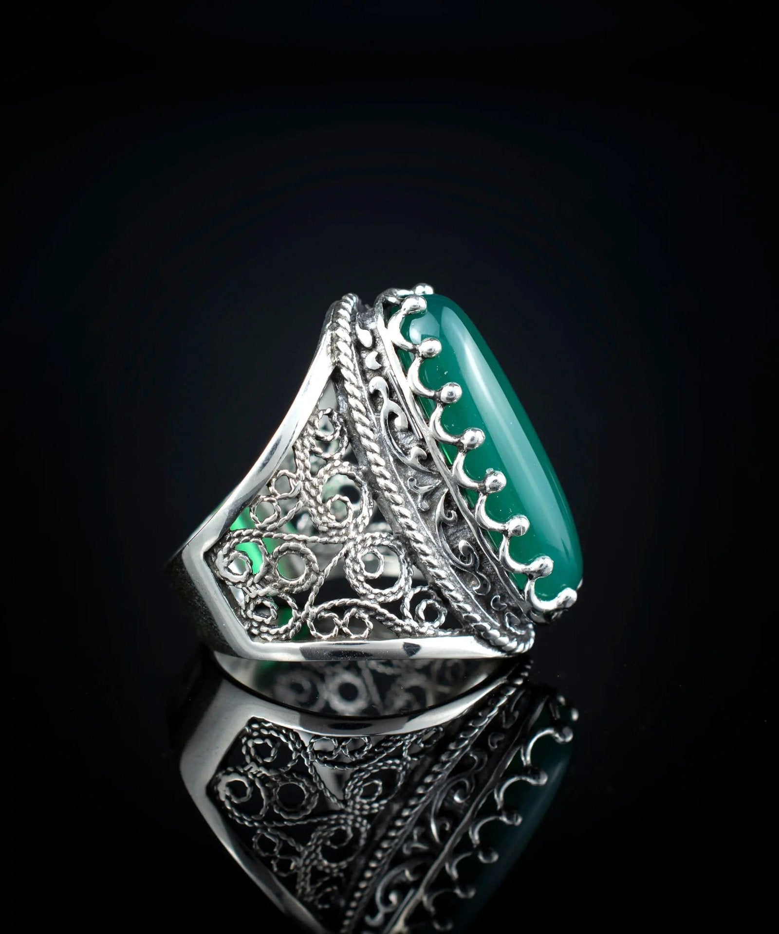 Filigree Art Green Agate Gemstone Women Silver Long Statement Ring - Drakoi Marketplace