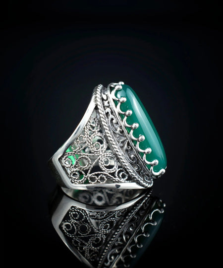 Filigree Art Green Agate Gemstone Women Silver Long Statement Ring - Drakoi Marketplace