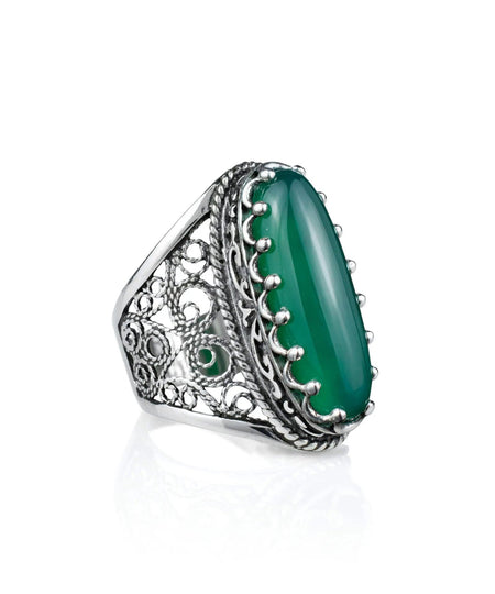 Filigree Art Green Agate Gemstone Women Silver Long Statement Ring - Drakoi Marketplace