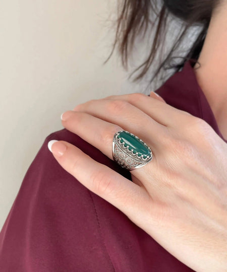 Filigree Art Green Agate Gemstone Women Silver Long Statement Ring - Drakoi Marketplace