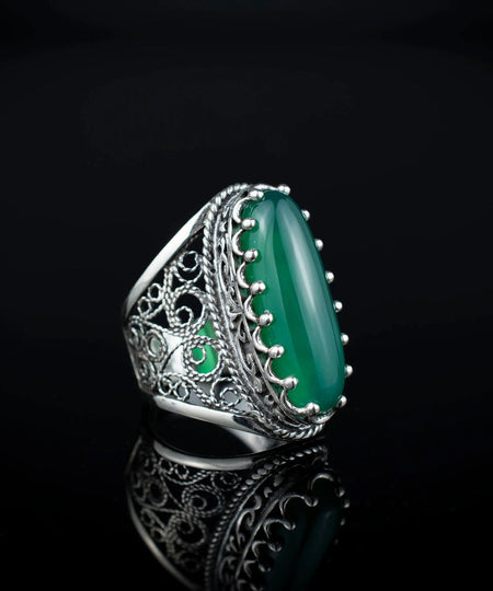 Filigree Art Green Agate Gemstone Women Silver Long Statement Ring - Drakoi Marketplace