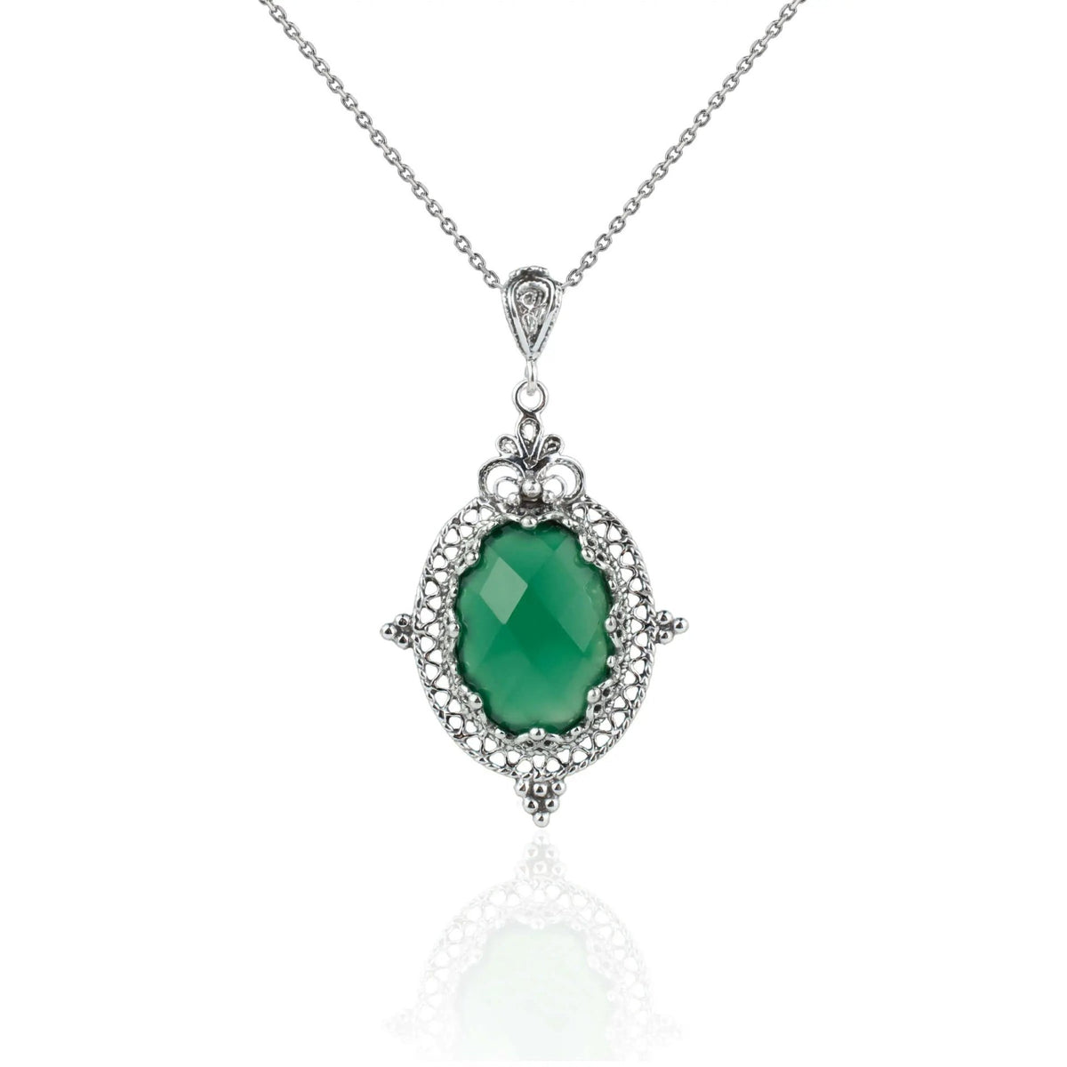 Filigree Art Green Agate Gemstone Women Silver Oval Pendant Necklace - Drakoi Marketplace