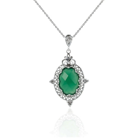 Filigree Art Green Agate Gemstone Women Silver Oval Pendant Necklace - Drakoi Marketplace