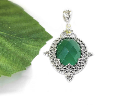 Filigree Art Green Agate Gemstone Women Silver Oval Pendant Necklace - Drakoi Marketplace