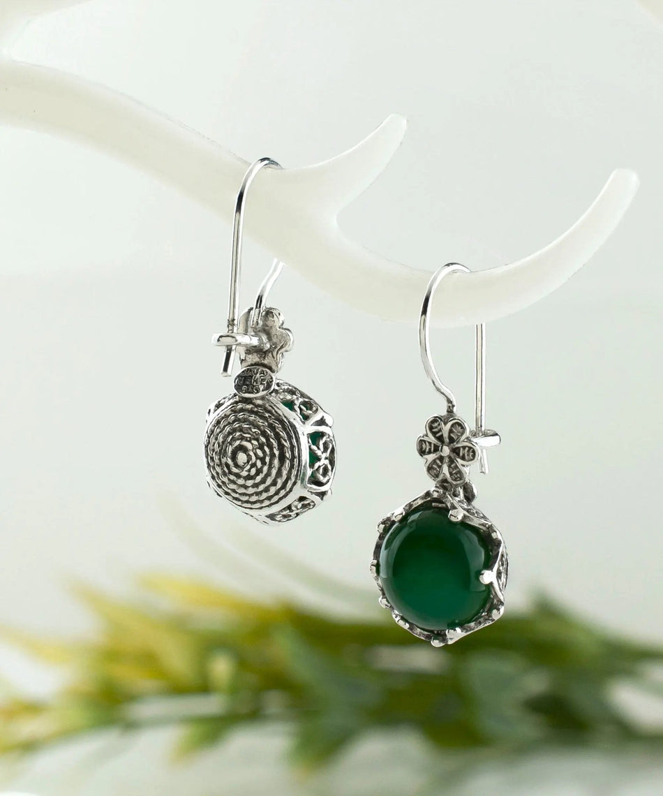 Filigree Art Green Agate Gemstone Women Sterling Silver Drop Earrings - Drakoi Marketplace