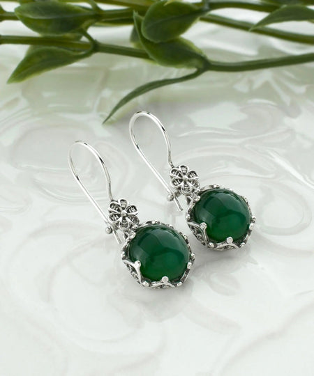 Filigree Art Green Agate Gemstone Women Sterling Silver Drop Earrings - Drakoi Marketplace