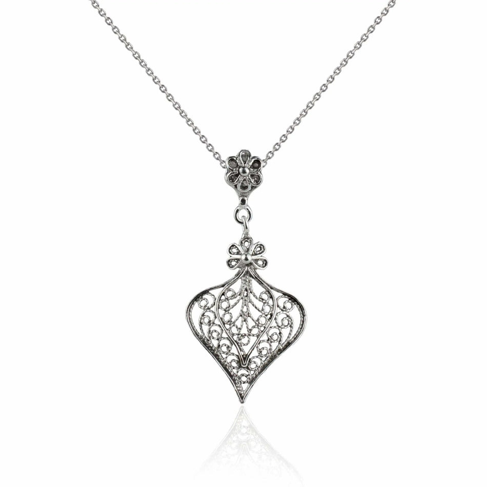 Filigree Art Heart Design Women Silver Pendant Necklace - Drakoi Marketplace