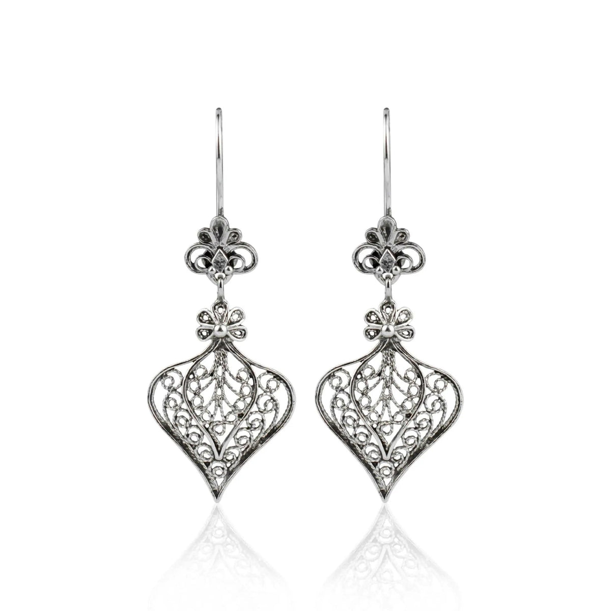 Filigree Art Heart Figured Women Sterling Silver Dangle Drop Earrings - Drakoi Marketplace