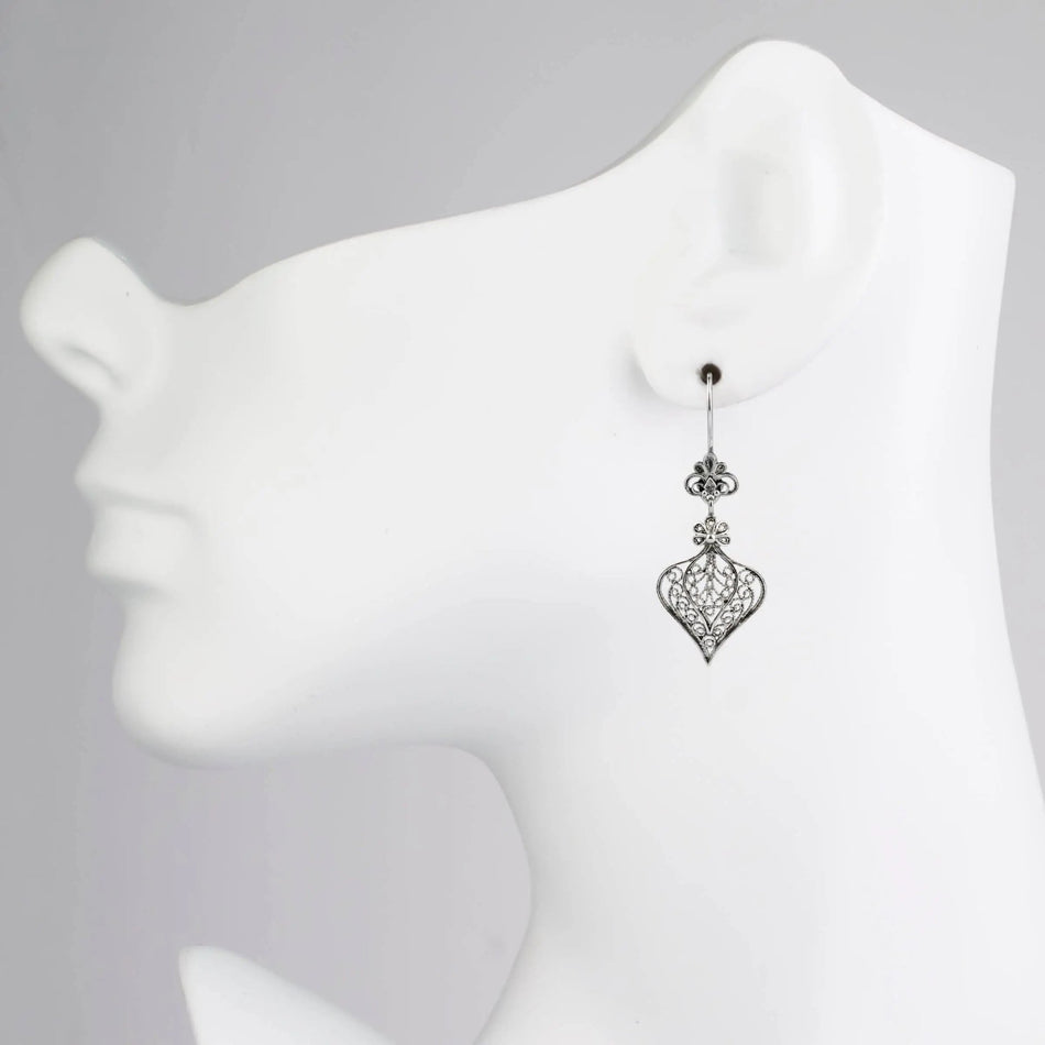 Filigree Art Heart Figured Women Sterling Silver Dangle Drop Earrings - Drakoi Marketplace
