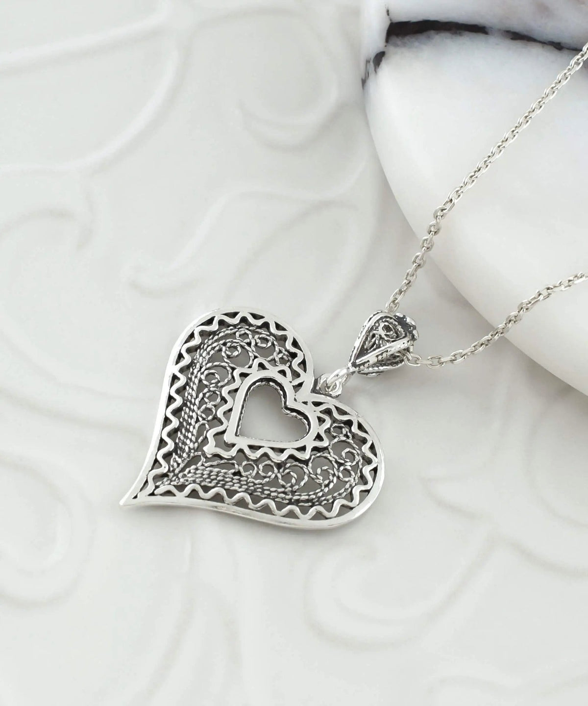 Filigree Art Heart in Heart Women Silver Pendant Necklace - Drakoi Marketplace