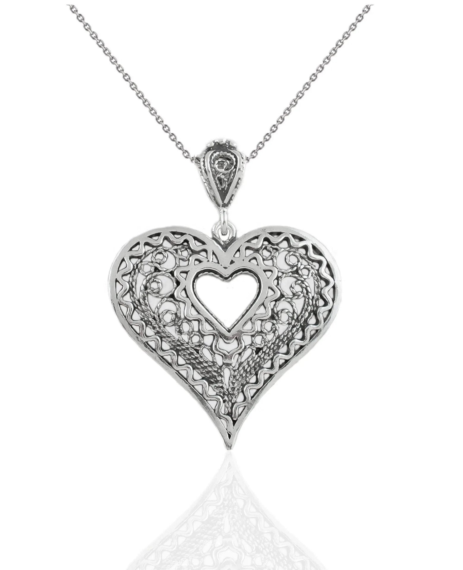 Filigree Art Heart in Heart Women Silver Pendant Necklace - Drakoi Marketplace