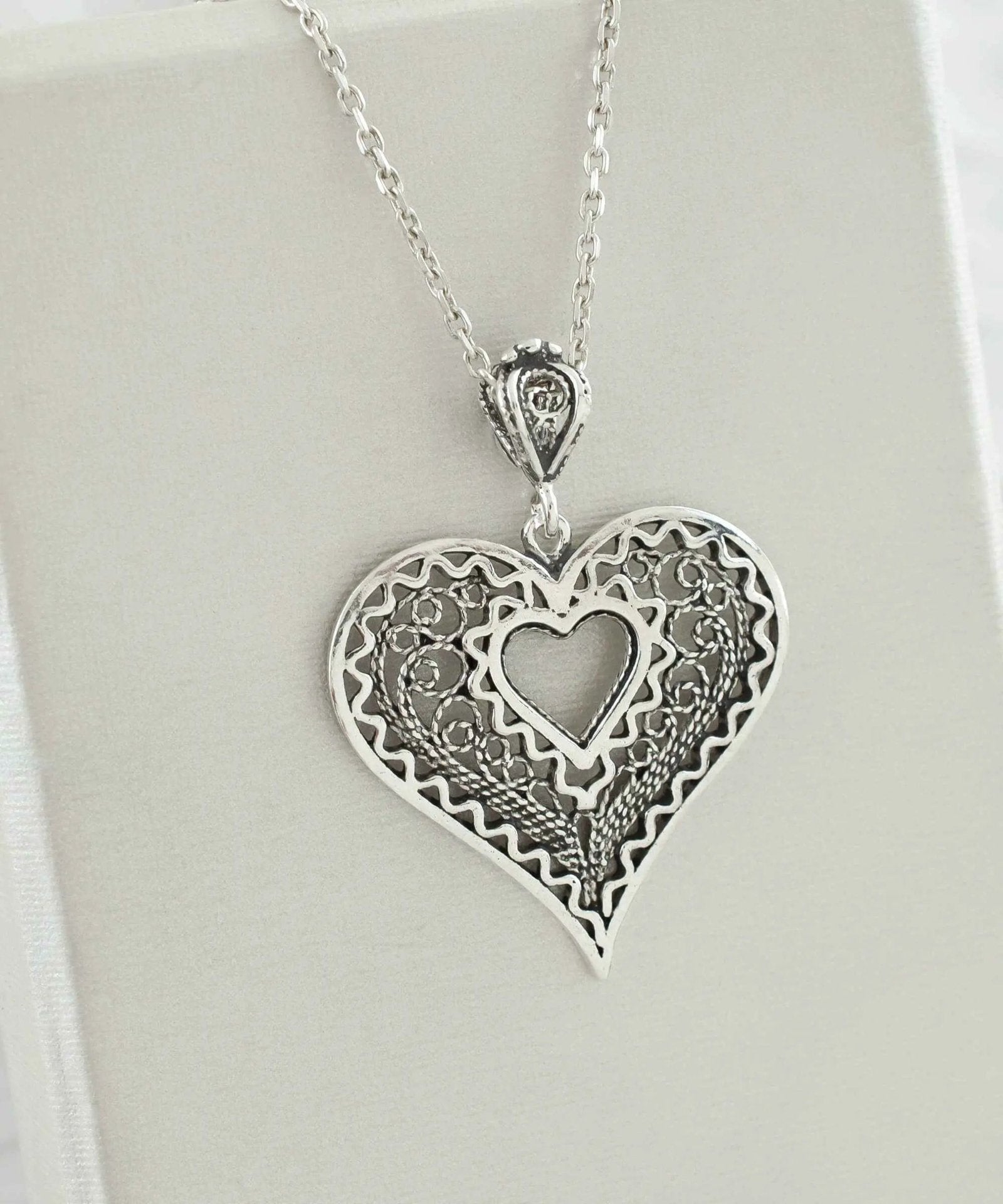 Filigree Art Heart in Heart Women Silver Pendant Necklace - Drakoi Marketplace