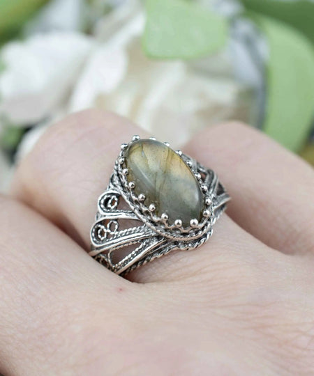 Filigree Art Labradorite Gemstone Angel Design Women Silver Cocktail Ring - Drakoi Marketplace