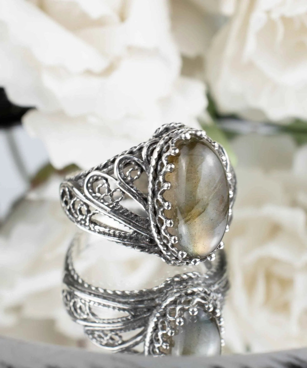 Filigree Art Labradorite Gemstone Angel Design Women Silver Cocktail Ring - Drakoi Marketplace