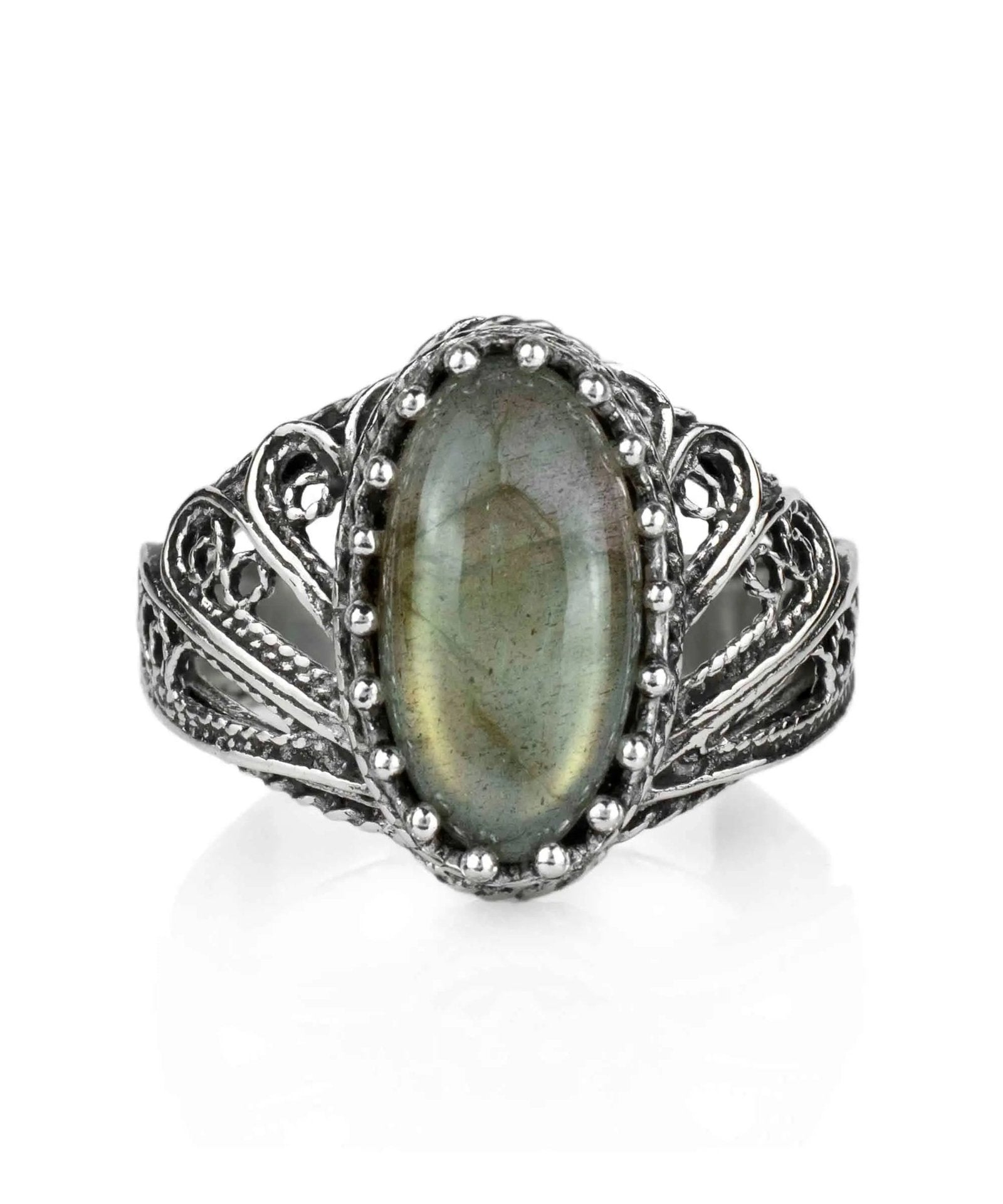 Filigree Art Labradorite Gemstone Angel Design Women Silver Cocktail Ring - Drakoi Marketplace