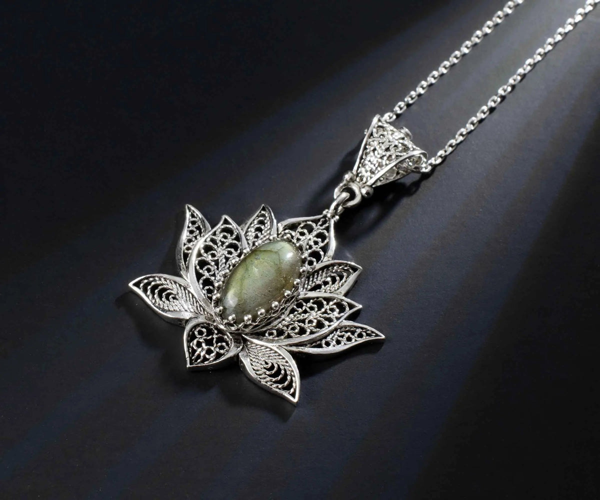 Filigree Art Labradorite Gemstone Blossoming Lotus Flower Women Silver Pendant Necklace - Drakoi Marketplace