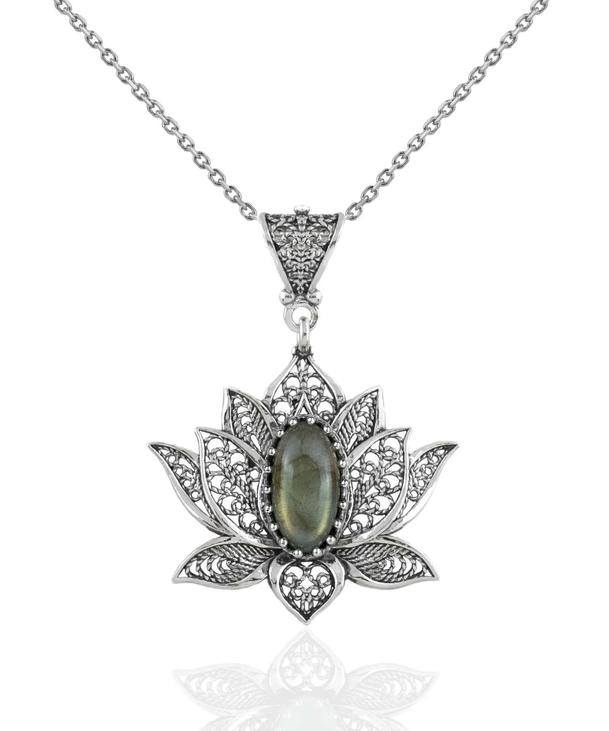 Filigree Art Labradorite Gemstone Blossoming Lotus Flower Women Silver Pendant Necklace - Drakoi Marketplace