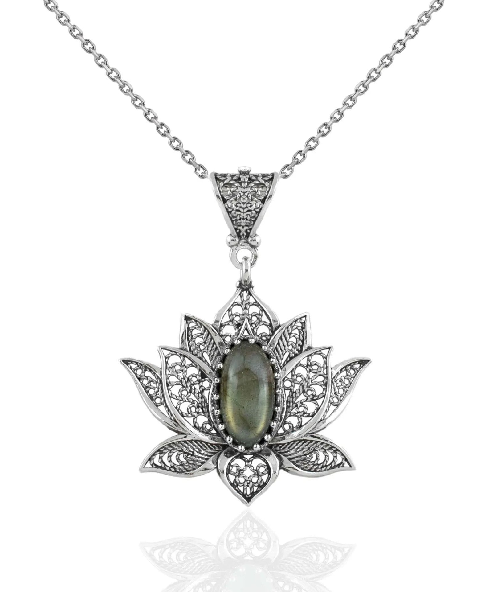 Filigree Art Labradorite Gemstone Blossoming Lotus Flower Women Silver Pendant Necklace - Drakoi Marketplace