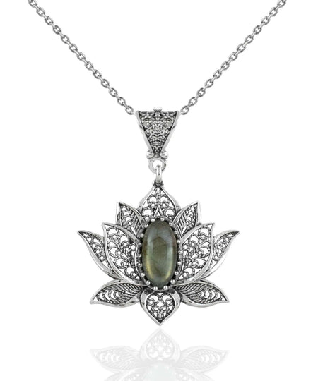 Filigree Art Labradorite Gemstone Blossoming Lotus Flower Women Silver Pendant Necklace - Drakoi Marketplace