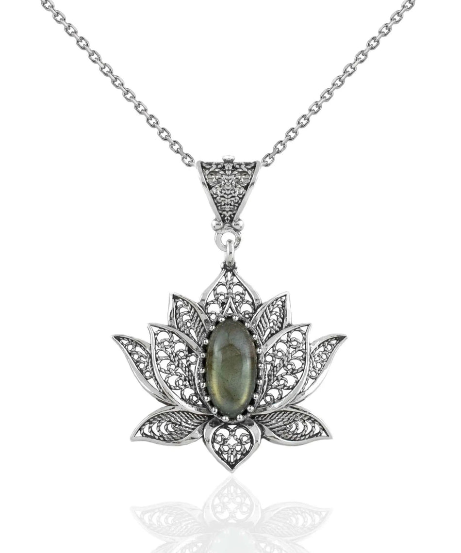 Filigree Art Labradorite Gemstone Blossoming Lotus Flower Women Silver Pendant Necklace - Drakoi Marketplace