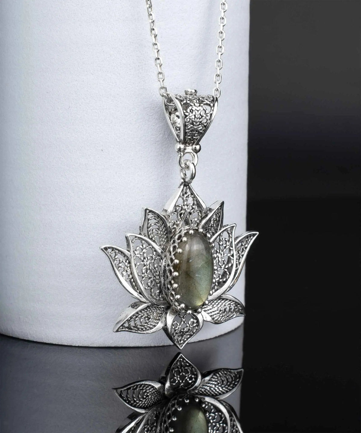 Filigree Art Labradorite Gemstone Blossoming Lotus Flower Women Silver Pendant Necklace - Drakoi Marketplace