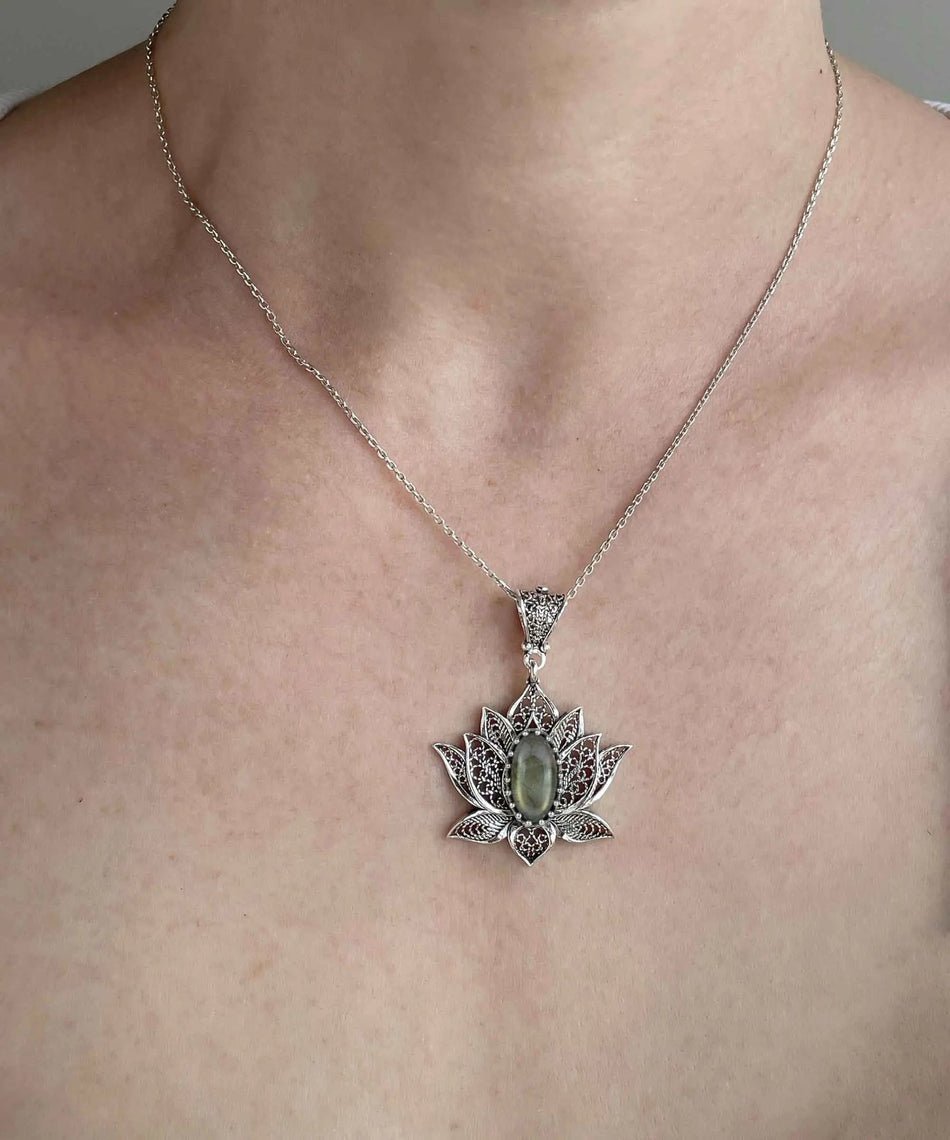 Filigree Art Labradorite Gemstone Blossoming Lotus Flower Women Silver Pendant Necklace - Drakoi Marketplace