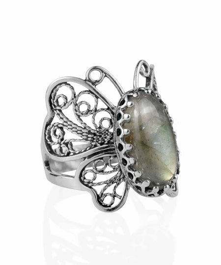 Filigree Art Labradorite Gemstone Butterfly Design Women Silver Cocktail Ring - Drakoi Marketplace